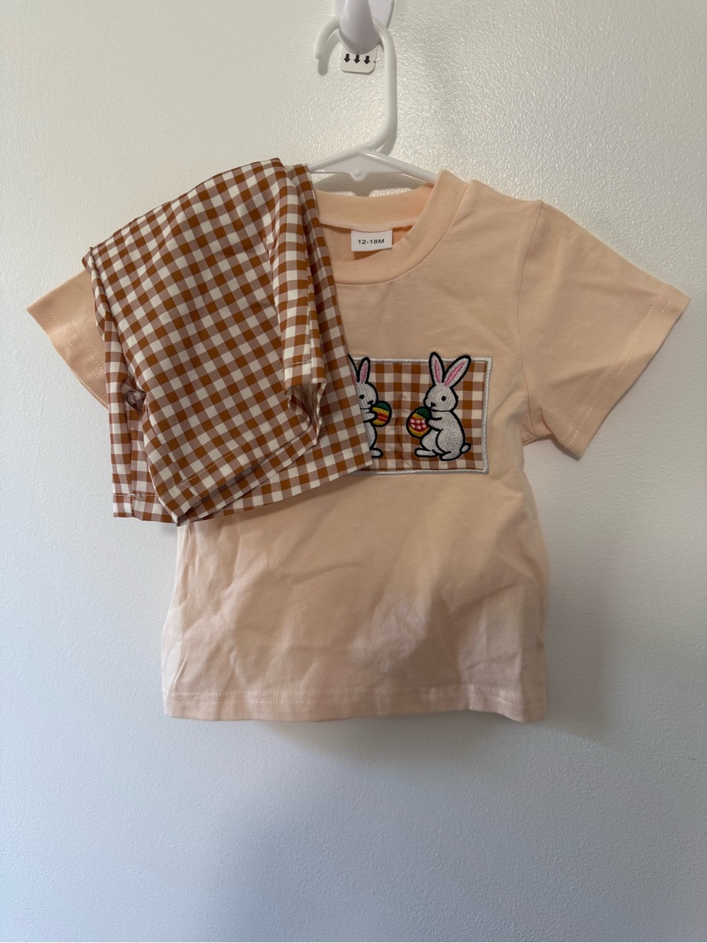 Kids Easter Peach Bunny Appliqué Tee with Brown Gingham Pants